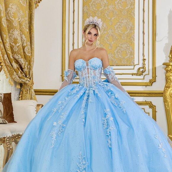 New Strapless Floral Lace Embellished Maxi Ball Gown w/ Sheer Sleeves DQ 5081 - Picture 1 of 8